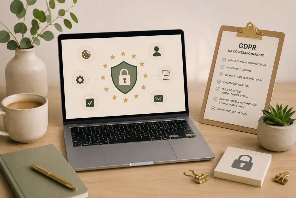 GDPR pro živnostníky – laptop s ikonami zabezpečení a checklist GDPR požadavků pro web v roce 2026