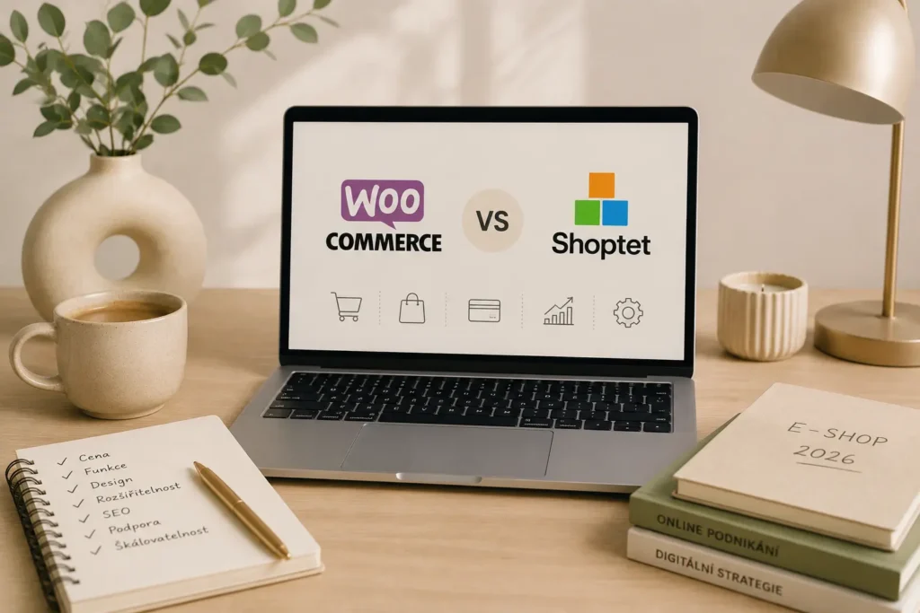 Srovnání WooCommerce vs. Shoptet pro tvorbu e-shopu v roce 2026 – laptop s logy obou platforem a checklistem cena, funkce, design, SEO
