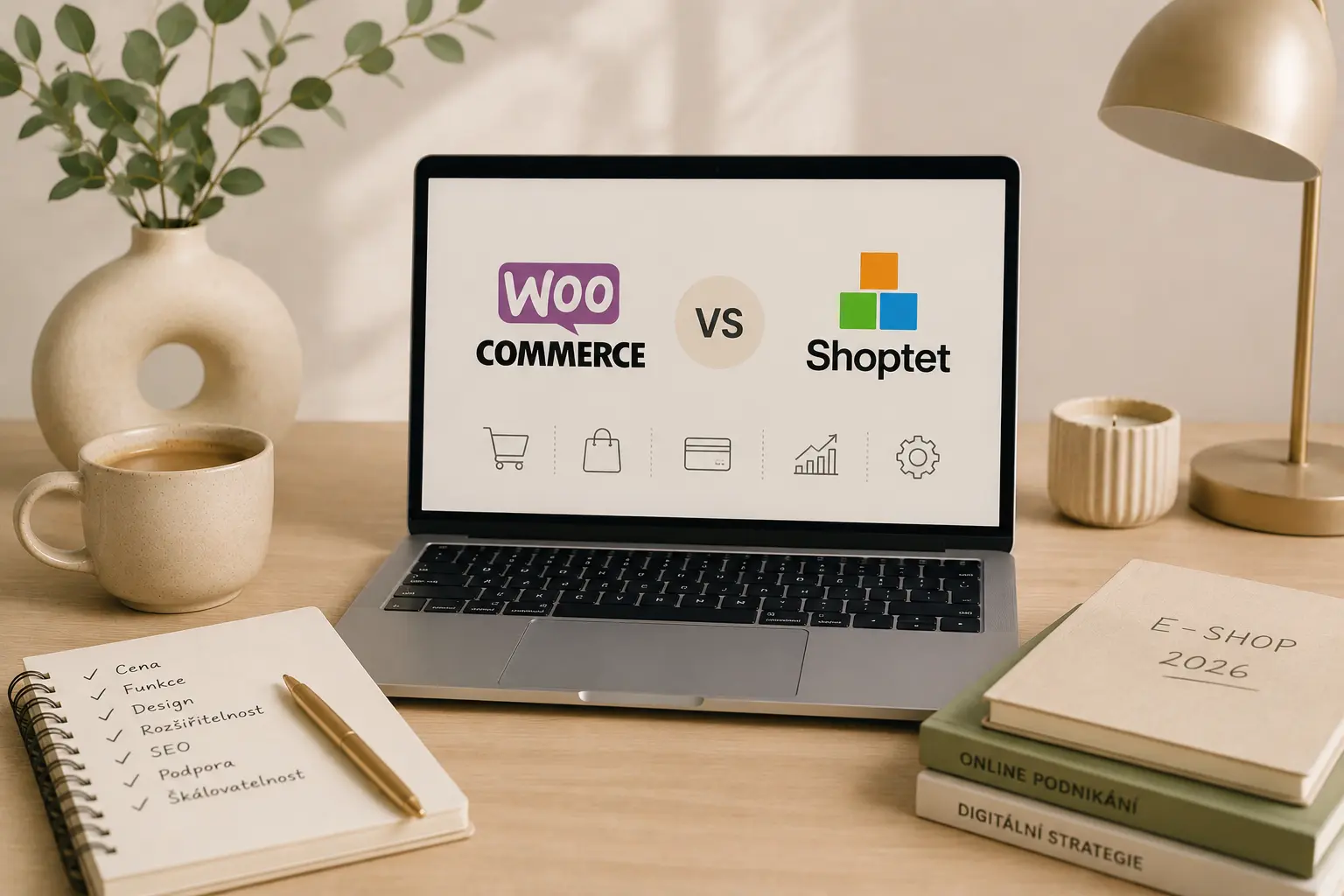 Srovnání WooCommerce vs. Shoptet pro tvorbu e-shopu v roce 2026 – laptop s logy obou platforem a checklistem cena, funkce, design, SEO
