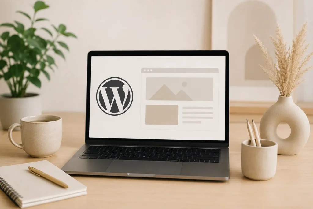 WordPress pro živnostníky – laptop s logem WordPress a ukázkou webu na pracovním stole s rostlinou a hrnkem kávy