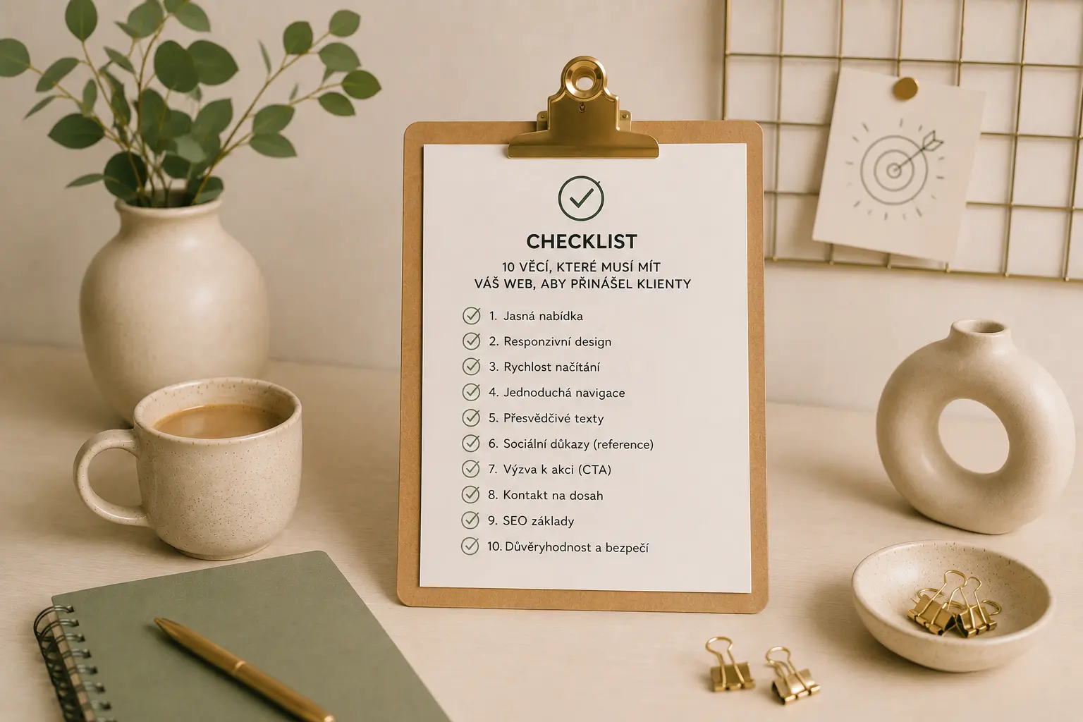 Checklist 10 věcí, které musí mít web, aby přinášel klienty – jasná nabídka, responzivní design, rychlost načítání, SEO základy a CTA