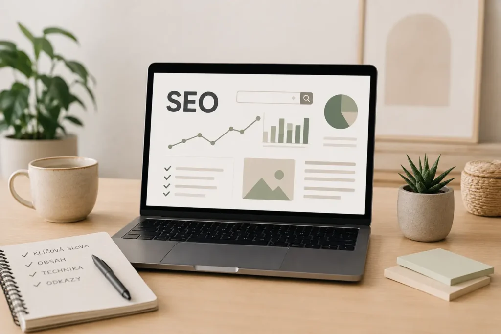 Jak zlepšit SEO webu bez agentury – laptop s analytikou SEO, grafy návštěvnosti a checklist klíčová slova, obsah, technika, obrázky