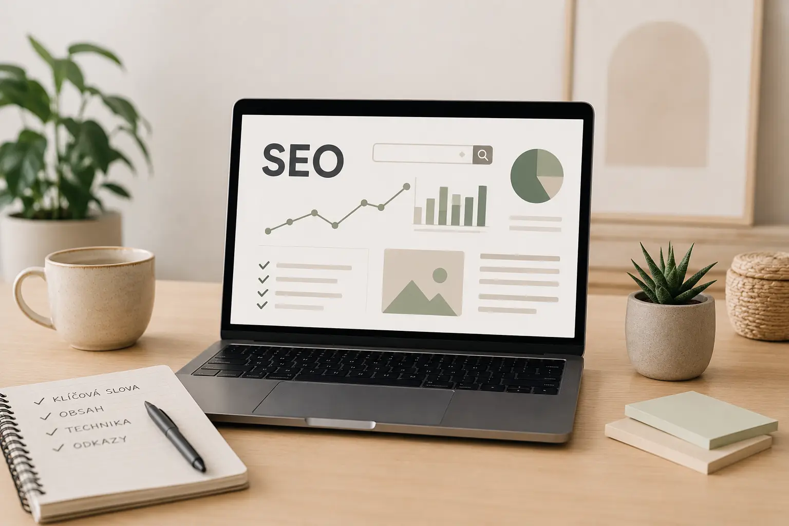 Jak zlepšit SEO webu bez agentury – laptop s analytikou SEO, grafy návštěvnosti a checklist klíčová slova, obsah, technika, obrázky