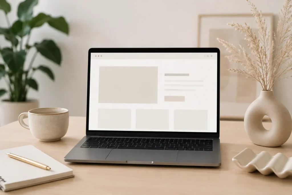 Proč vám web nepřináší zákazníky – laptop s prazdným wireframem webu na pracovním stole jako symbol nefunkčního online marketingu